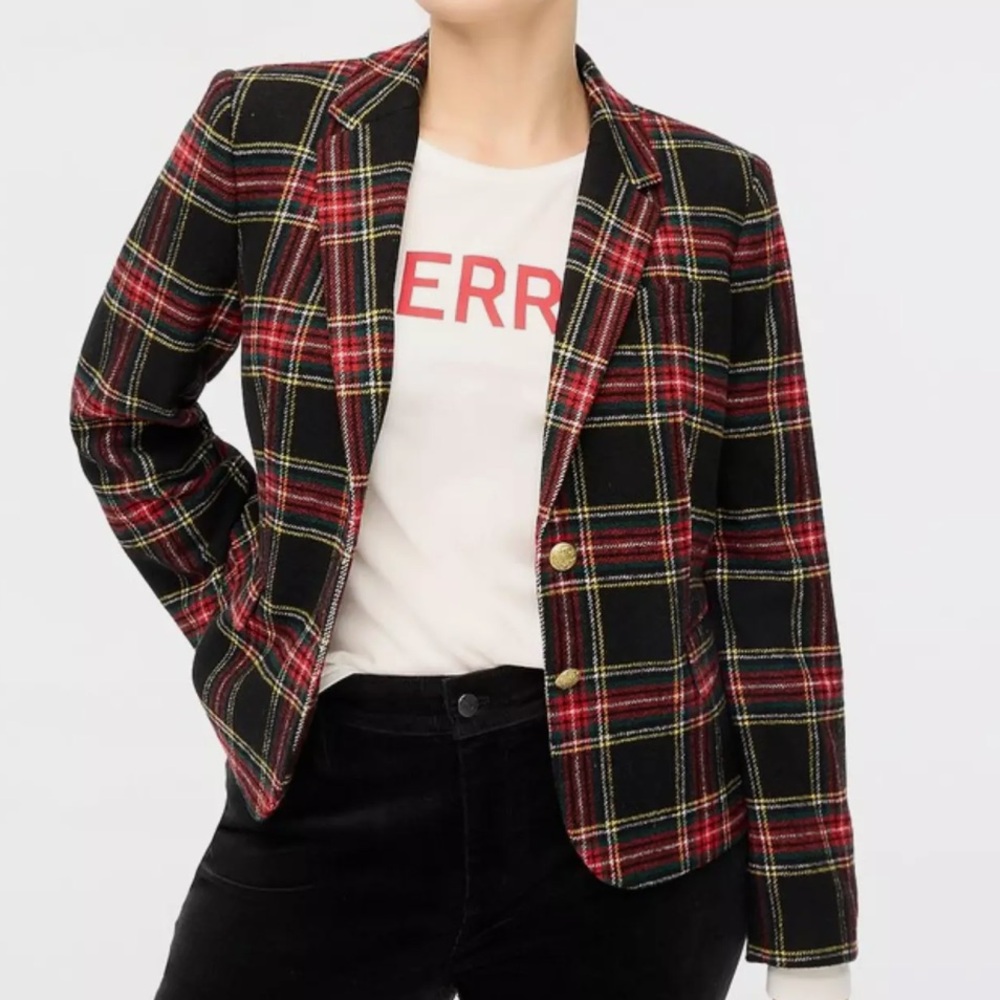 J. Crew FACTORY Stewart tartan wool-blend schoolboy blazer.